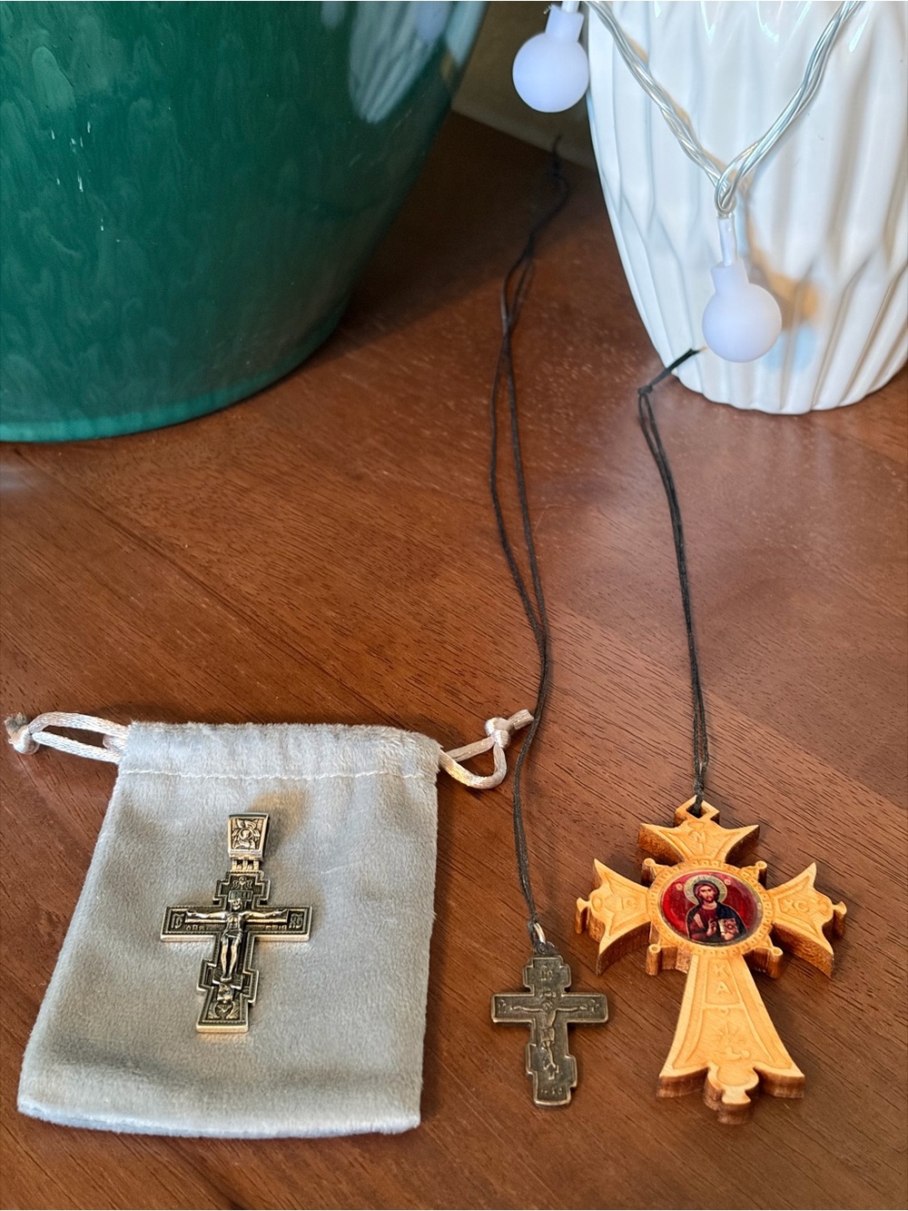 Religious Wood and Metal Cross Lot - Bronze and Silver